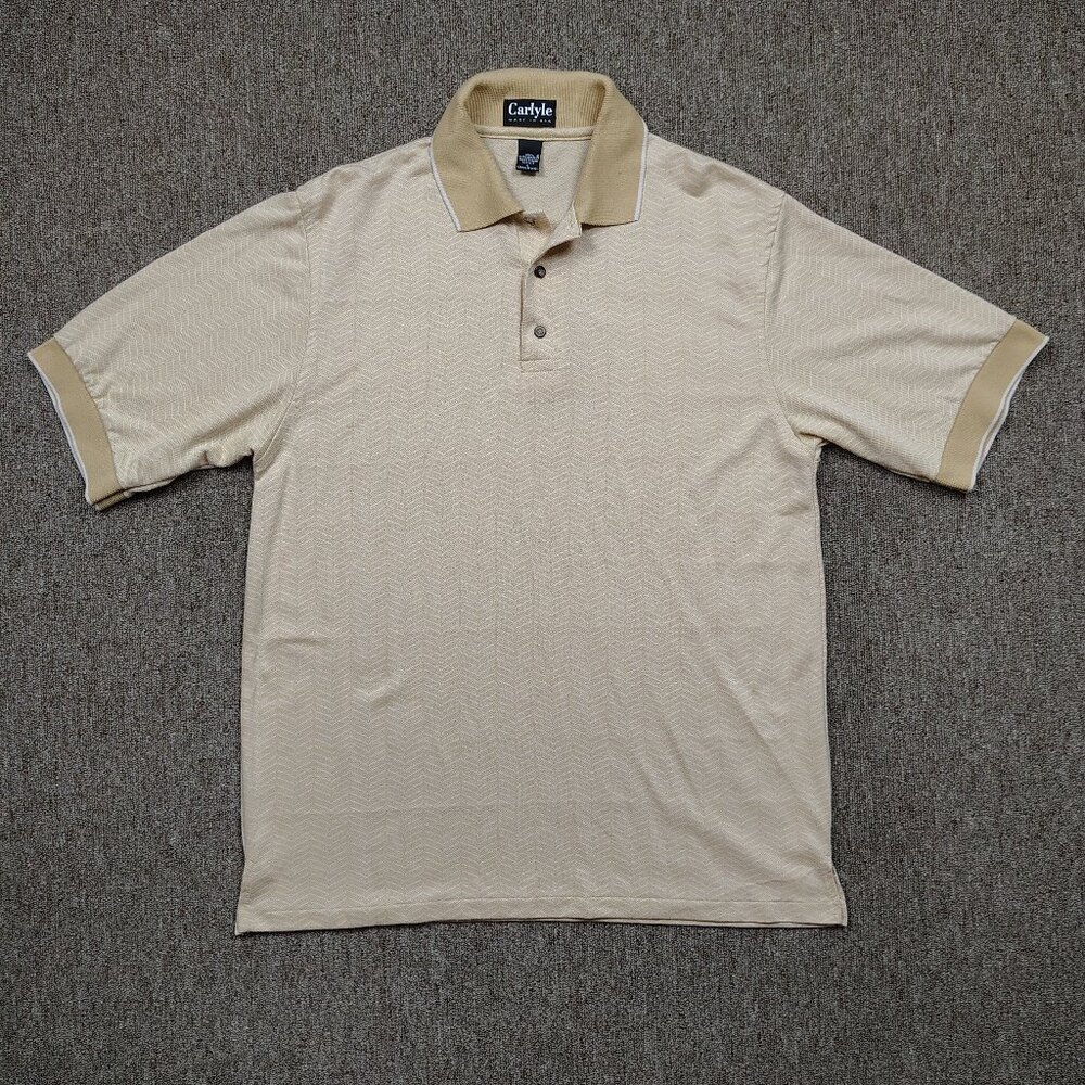 Vintage CARLYLE Polo Shirt Men's Large Brown Herringbone Acrylic Short Sleeve